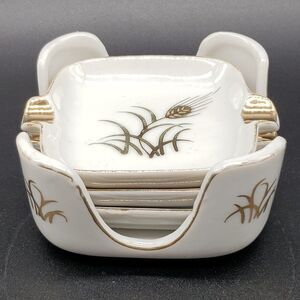 Lefton White Gold Wheat Design Vintage Personal Porcelain Ashtrays with Holder